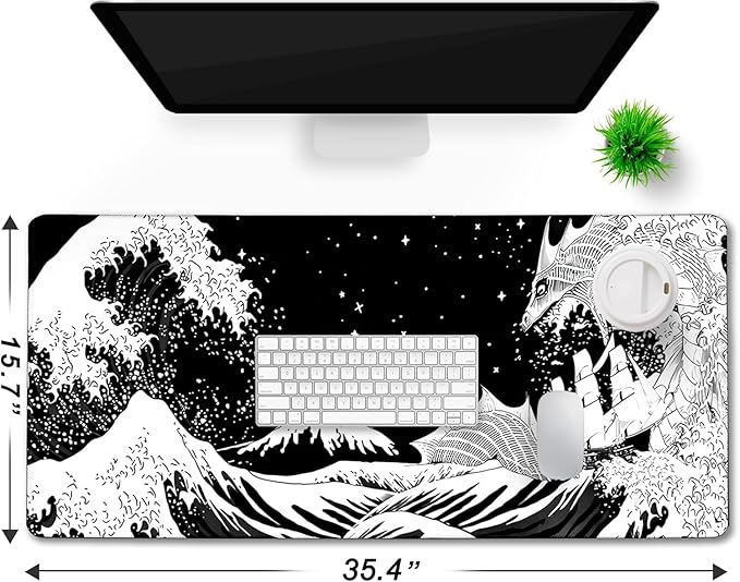 Large Gaming Mouse Pad, Waterproof Extra Large Big Mouse Pad with Stitched Edge, XXXL Non-Slip Black Computer Long Mousepad for Gamer, Office & Home, Black White Dragon