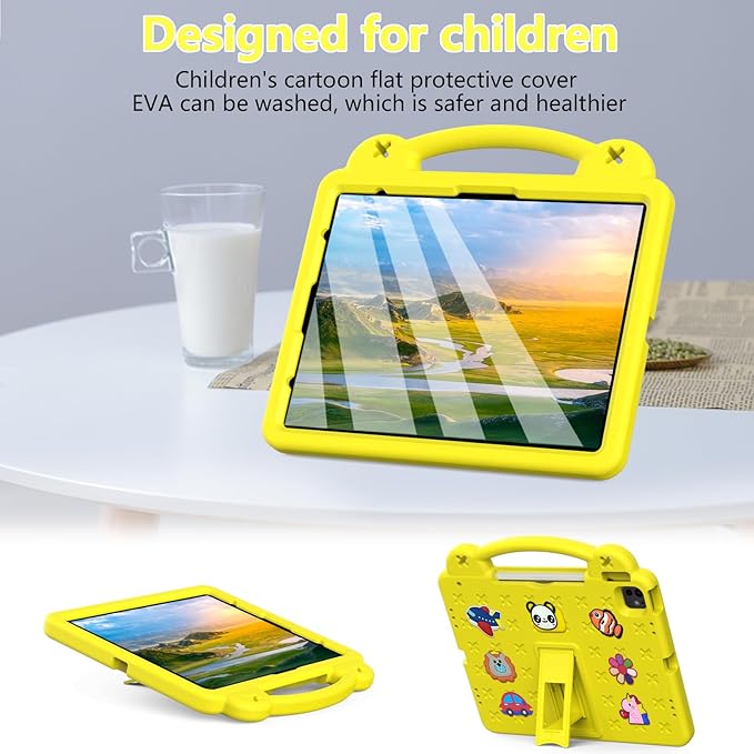 Kids Case for iPad Air 13 inch M3 2025/M2 2024,iPad Pro 13 inch M4 2024 & iPad Pro 12.9 inch Case 6th/5th/4th/3rd Gen 2022 2021 2020 2018 with Stand/Pencil Holder/Handle, Yellow Bear