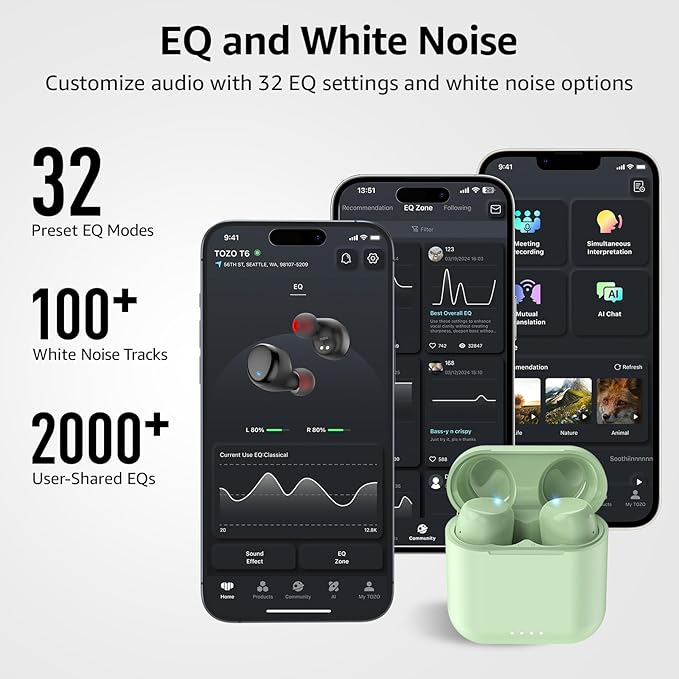 TOZO T6 Wireless Earbuds, Bluetooth 5.3 Ear Buds, Stereo Sound in Ear Headphones, 50 Hours Playtime, Wireless Charging Case, APP Customizable EQs, IPX8 Waterproof Earphones