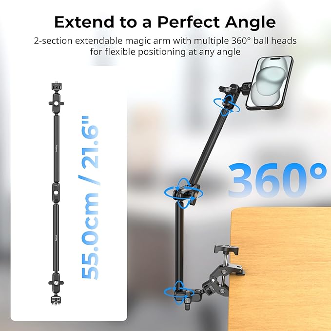 SMALLRIG Desktop Clamp Magic Arm Kit for MagSafe for iPhone, 55cm / 21.6" Two-Stage Adjustable Flexible Arm with Secure Grip for Smartphone, Webcam, Action Cameras - 5626