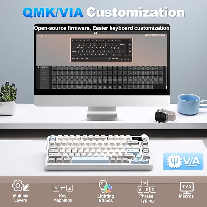 YUNZII B75 PRO MAX QMK/VIA Wireless Mechanical Keyboard,75% Layout with Screen and Knob,Custom Hot Swap Gasket,Creamy Pre-lubed Switches,Bluetooth/Type-C/2.4G for Win/Mac (Beige,Cocoa Cream V2 Switch)