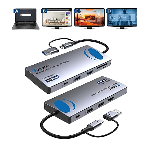 OREI SplitXtend USB C Docking Station Triple Monitor with 3xHDMI Ports, Thunderbolt 4 Dock, HDMI DisplayPort Hub, Dual Monitor HDMI Adapter Extend, USB C Splitter, 100W PD, SD Card Reader, 4K Output