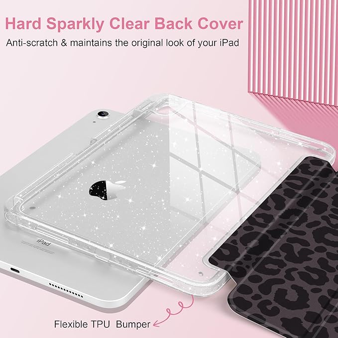 DONGKE for iPad Pro 11 inch Case – Fits M5 2025 / M4 2024, Shockproof Sparkling Glitter Acrylic Back, Pencil Holder, Trifold Stand, Auto Sleep/Wake & Touch ID Support - Black Leopard