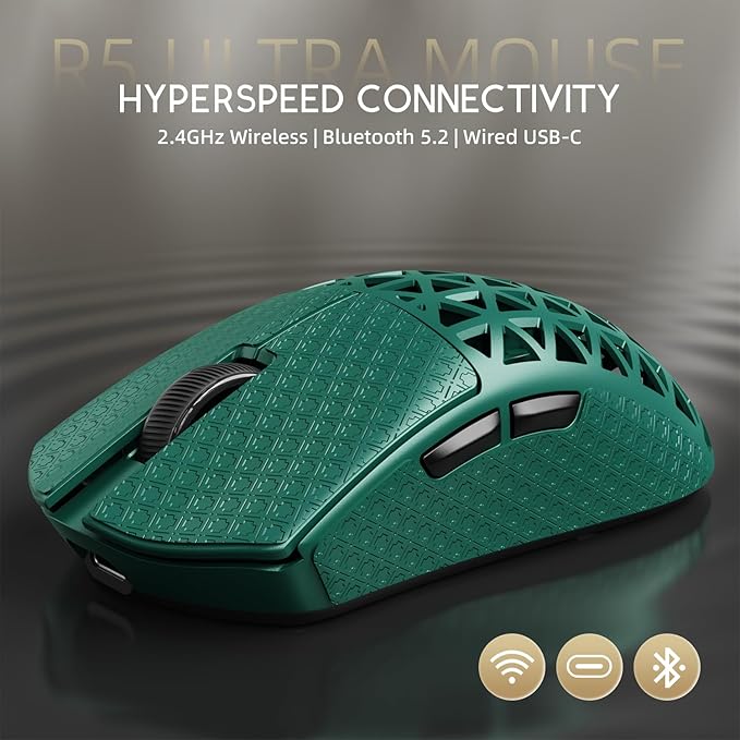 ATTACK SHARK R5 Ultra Wireless Gaming Mouse,Carbon Fiber Shell 39g Superlight,PAW3950MAX Nordic 52840 MCU 8K Polling 42K DPI Optical Sensor,BT/2.4G/USB-C Wired Mice with Coiled Cable-Green&Griptape