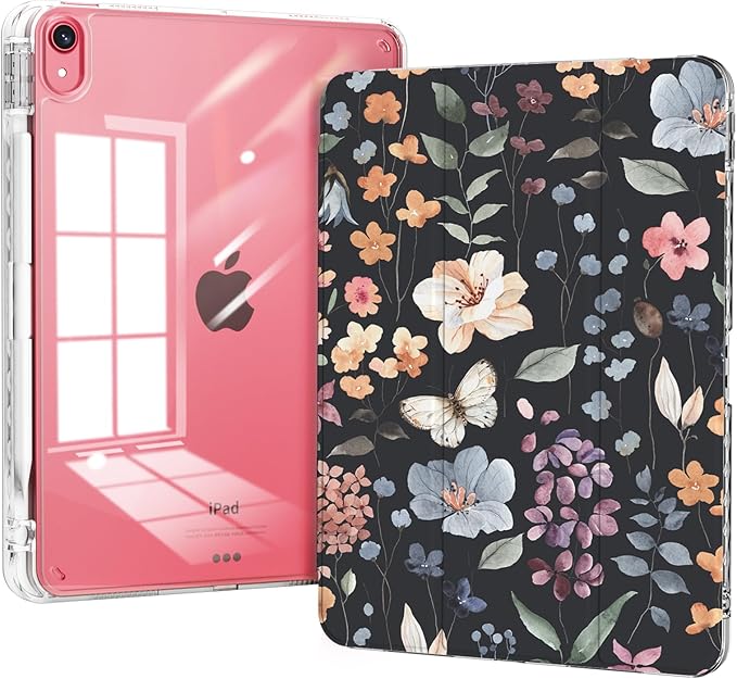 Case for iPad 11th Generation A16 Chip 2025, iPad 10th Generation Case 10.9 2025 with Pencil Holder, Slim Protective Trifold Stand Transparent Clear Back Cover, Watercolor Flower