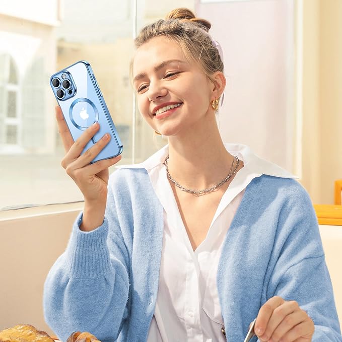 Hython Magnetic Clear for iPhone 13 Pro Case with Camera Lens Protector [Compatible with MagSafe] Luxury Plating Edge Slim Soft TPU Cover Protective Phone Case for iPhone 13 Pro 6.1", Light Blue