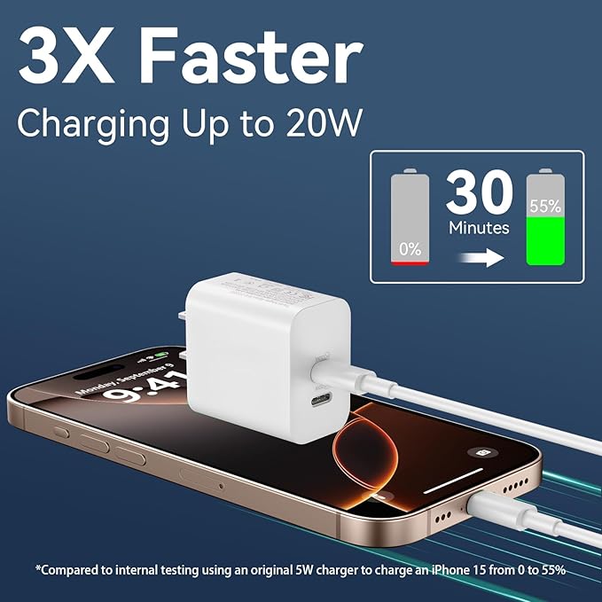 20W Dual Port Type C Fast Wall Charger Power Adapter, USB C Charging Block with 3FT USB-C to C Cable for Phone 17/16/15/15 Plus/15 Pro/15 Pro Max, Pad Pro/Air, Android Phone