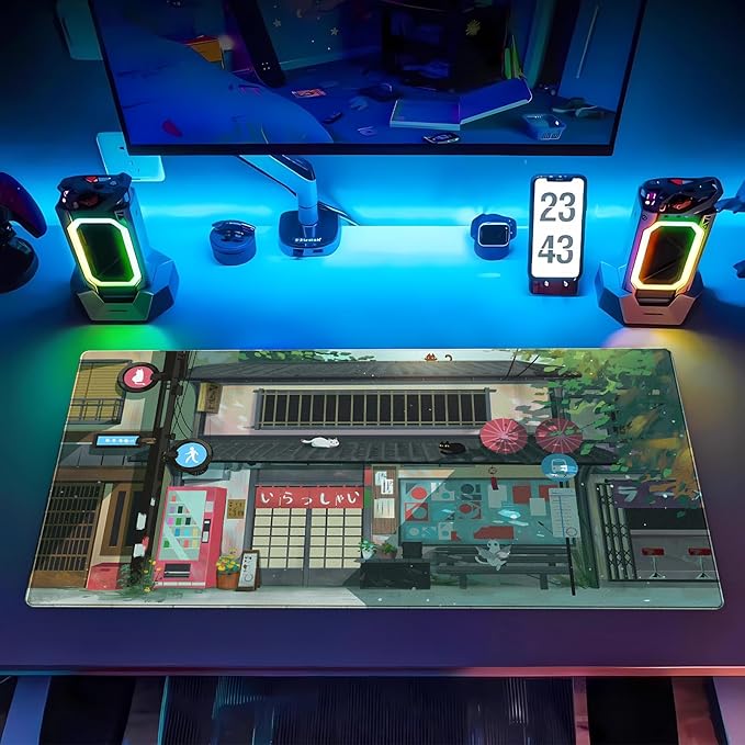 Kawaii Anime Cat Gaming Desk Mat Pad XL Large Mouse Pad (31.5"x15.7") Mouse & Keyboard Desk Pad with Stitched Edge, Vibrant Green Design for Home Office & Computer Gaming Setup
