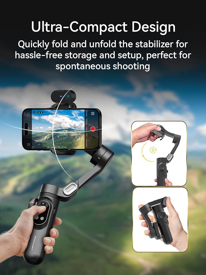 AOCHUAN Gimbal Stabilizer for iPhone with AI Vision Sensor for Face Tracking, 3-Axis Phone Gimbal w/OLED Display for Vlog Recording, Compatible with iPhone/Android-Smart XPro AI Black