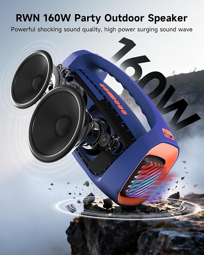 RWN Outdoor Bluetooth Speaker: 160W Loud Sound, IP67 Waterproof with 24H Playtime, Fast Charge, Bass, TWS, Portable Wireless Speakers with Light Show for House, Party, Projector, Beach (Blue+Orange)