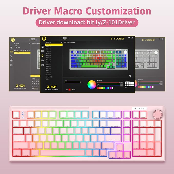 E-YOOSO Wireless Mechanical Keyboard, 96% Custom Gaming Keyboard with Knob, Creamy Sound, Number Pad, Hot Swappable Pre-lubed Linear Switches, RGB Backlit, 2.4GHz/Bluetooth/USB Wired, Pink