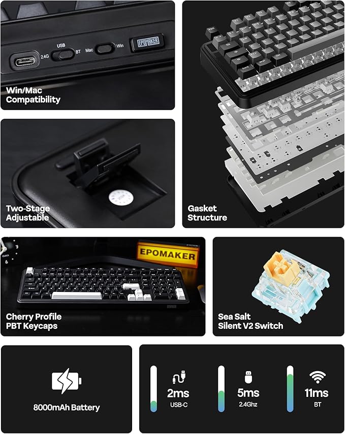 EPOMAKER TH99 Tri-Mode Wireless Mechanical Keyboard with 8000mAh Battery, Hot Swappable Custom RGB Gaming Keyboard with Numpad, Gasket Creamy for PC/Mac/Office (Black, Sea Salt Silent)