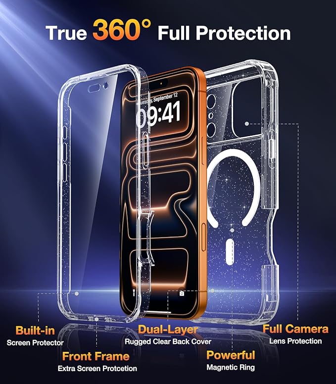 Diaclara Magnetic Designed for iPhone 17 Pro Case Full Body Bumper,[Compatible with MagSafe] Military Drop Proof Cover with Built-in Touch Sensitive Anti-Scratch Screen Protector, Clear Glitter