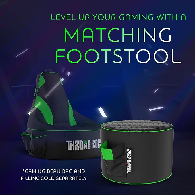 Throne Boss Gaming Footstool - Cover ONLY No Filling - Matching Bean Bag Chair Pouf/Ottoman - Round Gamer Foot Stool Footrest with Drink Holder (Green)