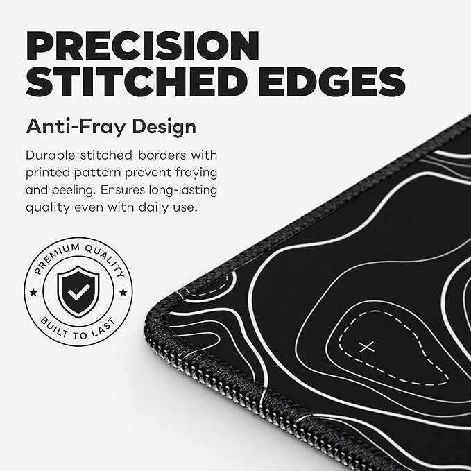 Large Gaming Mouse Pad Black Topographic Contour Mouse Pad Extended XL Long Mousepad Big Desk Mat with Stitched Edges & Nonslip Rubber Base for Company Office Work, 31.5 X 11.8 Inch