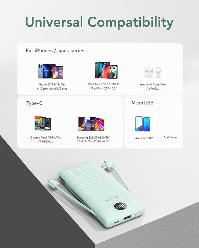 VEGER Portable Charger with Built-in AC Plug and Cables, All in One 10000mAh Ultra Slim Power Bank Travel Essentials, Fast Charging Battery Pack Compatible with iPhone, Samsung, Android (Green)