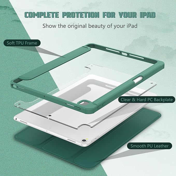 Case Compatible with iPad Air 3rd Generation, iPad Pro 10.5 inch 2017 Case with Pencil Holder, Stand Clear Back Cover for Air 3rd Gen 10.5" 2019, Auto Sleep/Wake, Dark Green