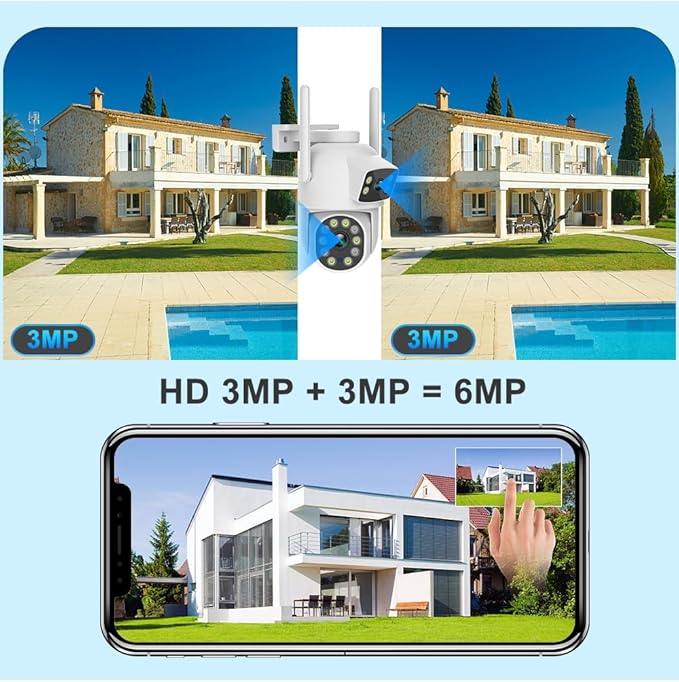 EVERSECU Dual Lens Linkage 6MP WiFi PTZ Security Camera Outdoor, 360° View, Auto Tracking, Motion Detection, Color Night Vision, 2-Way Audio, Compatible with Alexa