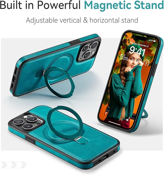 for iPhone 14 Pro Max Case with Stand, Compatible with MagSafe, Slim PU Leather & Durable TPU Protective Phone Cover Drop-Proof with Tempered Glass Screen Protector 6.7", Turquoise