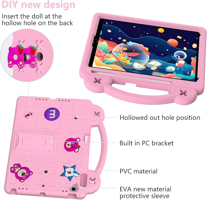 for iPad 9th Generation Case for Kids,iPad 8th 7th Gen Cover, Shoulder Strap Shockproof Cute DIY Figures Design Handle Stand Protective Rugged Case for Apple iPad 9th 8th 7th Gen 2021/2020/2019,Pink