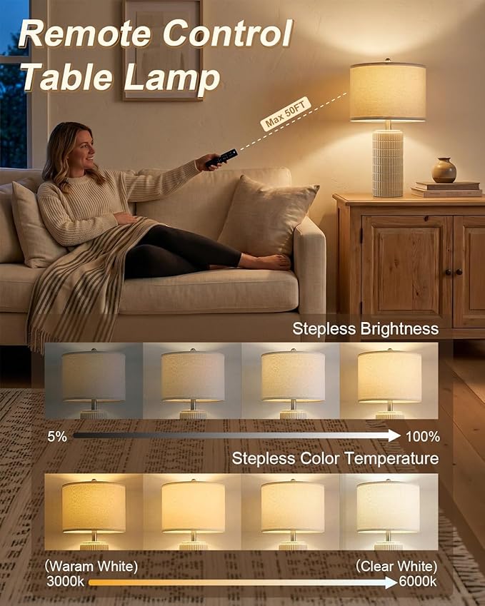 PoKat 23'' Dimmable Table Lamps with Remote for Living Room, Modern Stepless Adjustable Bedside Lamps Set of 2 for Bedroom, Nightstand Lamps for Office Nursery Desk Console Kids, White (No Battery)