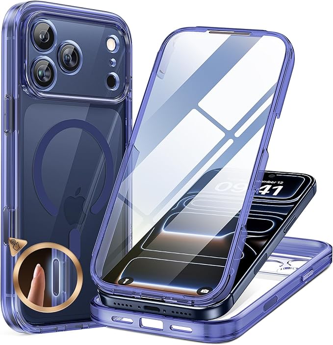 Miracase for iPhone 17 Pro Max Case 6.9" Full-Body Phone Case with Built-in Glass Screen Protector& Full Camera Protector,[Magnetic with MagSafe] Drop Proof 17 ProMax Cover, Clear Blue