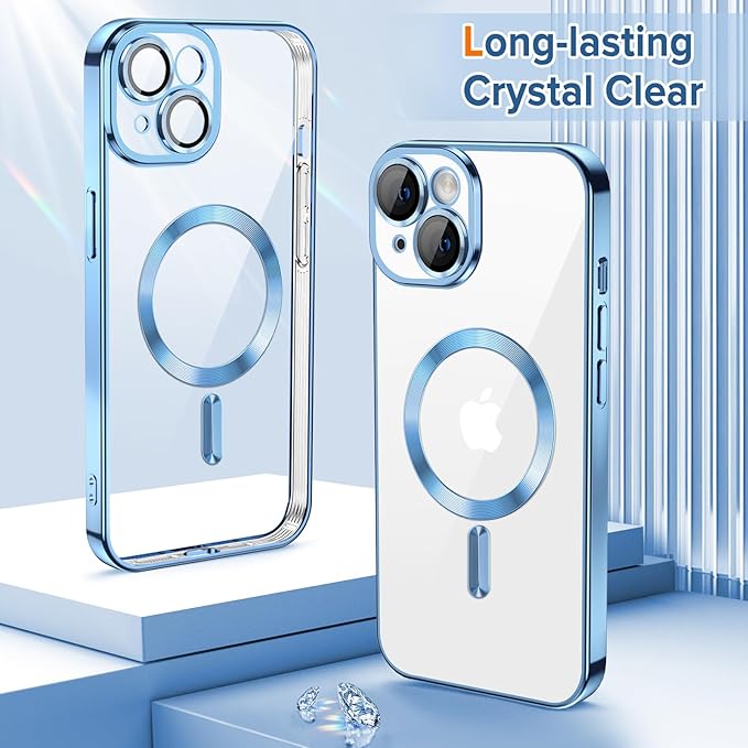 Hython Magnetic Clear for iPhone 15 Case with Camera Lens Protector [Compatible with MagSafe] Luxury Plating Edge Slim Soft TPU Cover Protective Phone Case for iPhone 15 6.1", Light Blue