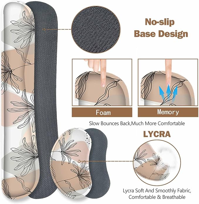 ToLuLu Extended Gaming Mouse Pad, Memory Foam Ergonomic Keyboard Mouse Wrist Rest Support Set, Large Desk Mat with Stitched Edges, Non-Slip Base Mousepad for Home Office and Game, Morandi Leaves