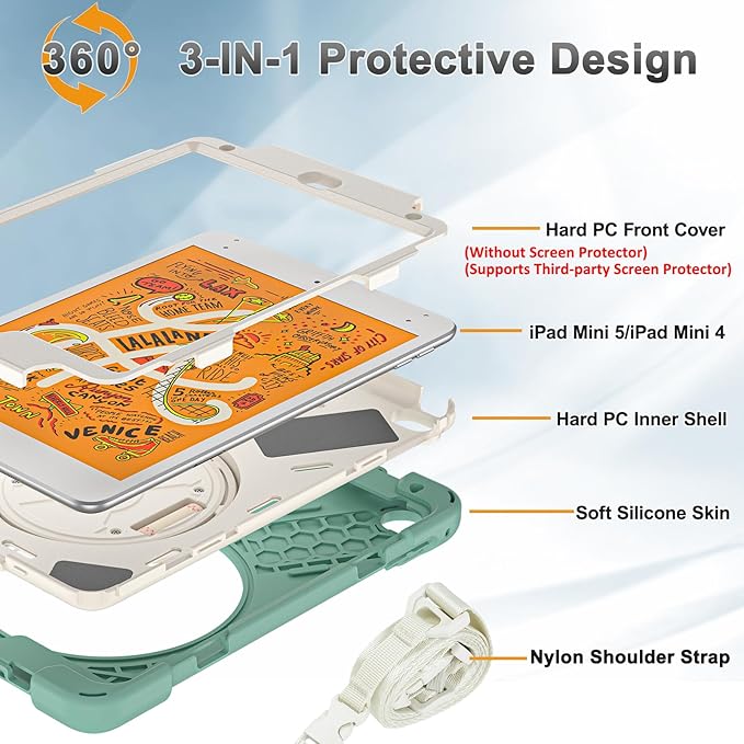 BRAECNstock for Apple iPad mini 5th/ 4th Generation Case 7.9" 2019/2015, Shockproof Protective with Pen Holder, Rotating Hand Strap & Stand, Shoulder Strap, Case for iPad mini 5/4, Emerald Green