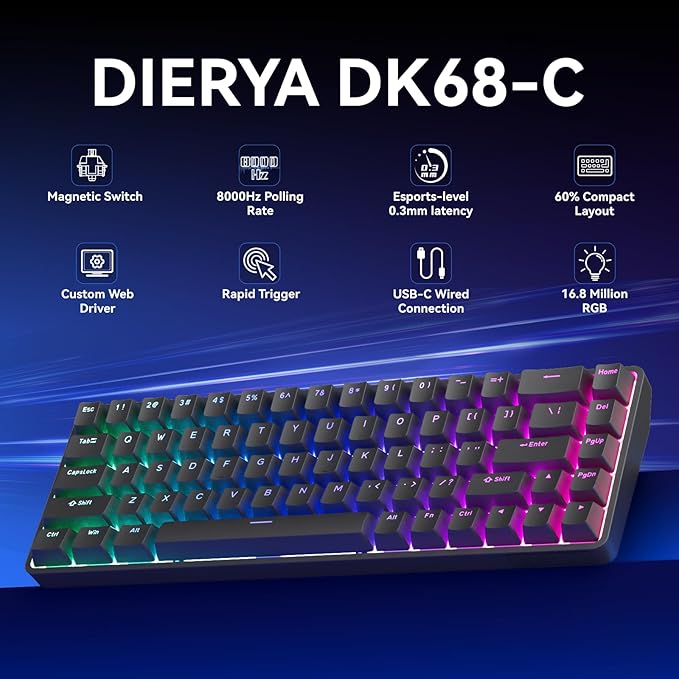 DIERYA DK68-C 60% Gaming HE Keyboard, Magnetic Switch Hot Swappable, Rapid Trigger, Adjustable Actuation, 8000Hz Polling Rate, RGB Backlit, Compact 68 Keys for Windows PC, Wired, Black
