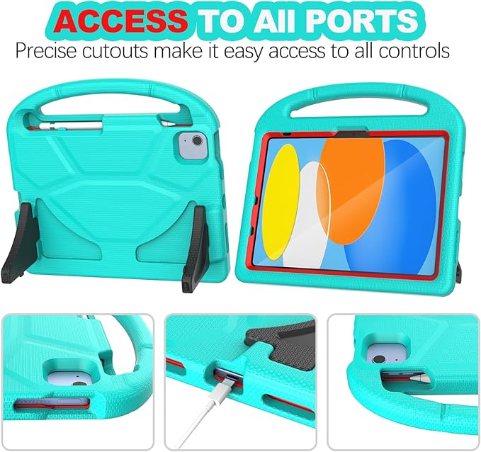 YIHE Kids Case for iPad A16 11th Generation (11" 2025) & 10th Gen (10.9" 2022) | Shockproof Tablet Cover with Built-in Screen Protector & Pencil Holder for iPad 10.9/11 Inch, Cyan Red