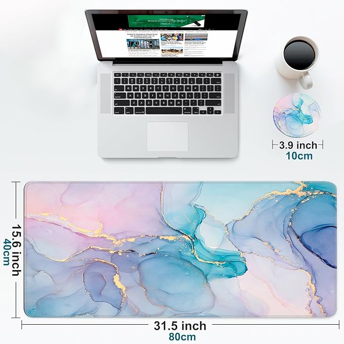 Large Gaming Mouse Pad with Coaster, Desk Matt for Desktop, Desk Pad, Mouse Pads Mat, Stitched Edges Big Extended Mousepad for Computer Keyboard Laptop Office Decor, 31.5'' x15.6''-Blue Marble