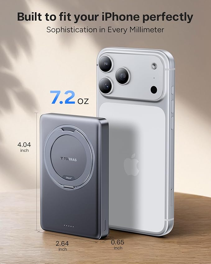 TORRAS Ostand Minimag 10000mAh Magnetic Portable Charger, 360° Rotatable Stand, 15W Wireless & 22.5W PD Fast Charging Battery Pack for iPhone 17/16/15/14, Pro Max, Plus, AirPods - Gray
