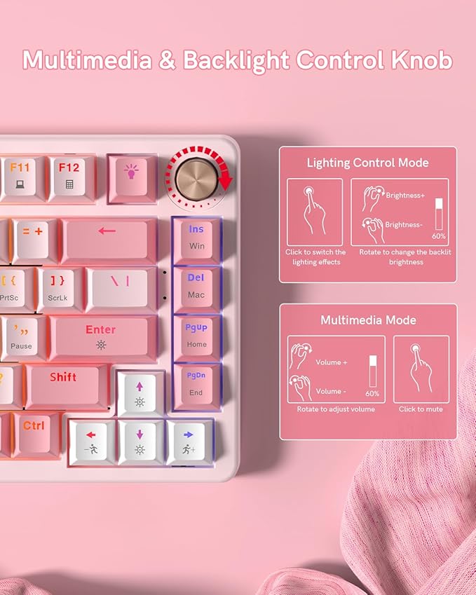 VK75 Wired Gaming Keyboard with Multimedia Control Knob, 75% Creamy Mechanical Keyboard RGB Backlit Gasket Mount with Cherry Profile PBT Keycaps, Hot Swappable Pre-lubed Linear Switch, Pink