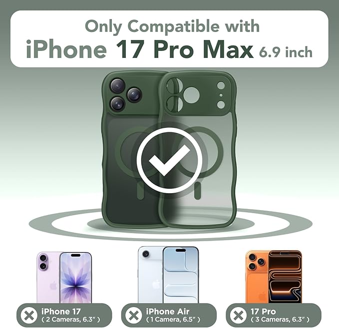 CAPRARO Magnetic for iPhone 17 Pro Max Case for Women Girls, Upgraded [Full Camera Protection] [Compatible with MagSafe] Cute Wave Translucent Matte Phone Case for iPhone 17 Pro Max, Deep Green