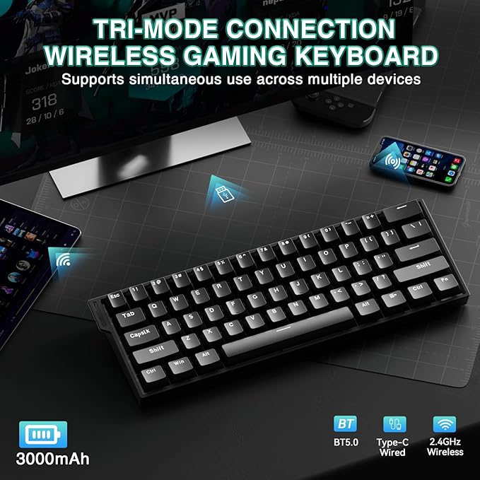 Aula MINI60 HE Wireless Gaming Keyboard 60%,Hall Effect Rapid Trigger Magnetic Keyboard,8000Hz Polling,Tri-Mode(BT5.0/2.4GHz/USB-C),Hot Swappable Compact Mechanical Keyboard for Gamer(Black)