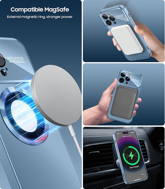 MAKAVO Magnetic for iPhone 12 Pro Case, Compatible with MagSafe, Built-in Camera Lens Protector, Logo View, Military Grade Drop Proof Phone Case Cover, Sierra Blue