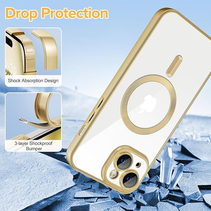 Hython Magnetic Clear for iPhone 15 Case with Camera Lens Protector [Compatible with MagSafe] Luxury Plating Edge Slim Soft TPU Cover Protective Phone Case for iPhone 15 6.1", Matte Gold