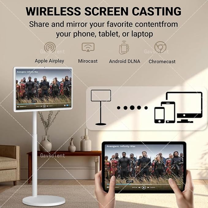 Smart Screen Portable TV On Wheels, 4K Touch Screen Monitor with Android 12 OS, Full Swivel Rotation, Wireless Mirroring, Dual Speakers & FHD IPS Large Display for Versatile Use 24-8/128