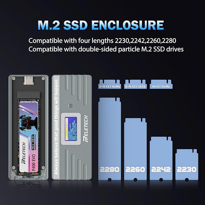 M.2 NVME SATA SSD Enclosure, USB3.2 Type-C (10Gbps) Hard Drive Case, Tool-Free Installation Compatible with 2230/2242/2260/2280 (Gray)