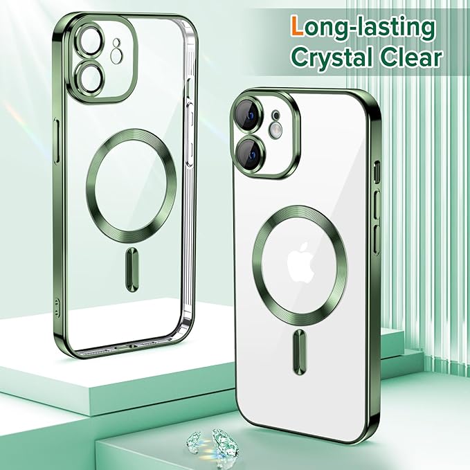 Hython Magnetic Clear for iPhone 11 Case with Camera Lens Protector [Compatible with MagSafe] Luxury Plating Edge Slim Soft TPU Cover Protective Phone Case for iPhone 11 6.1", Deep Green