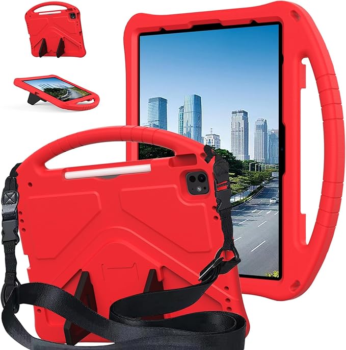 YRH Kids Case for iPad Air 13-in. M4/M3/M2 (2026/2025/2024), for iPad Pro 13-in. M5/M4 (2026/2024), with Strap Handle Stand, Red