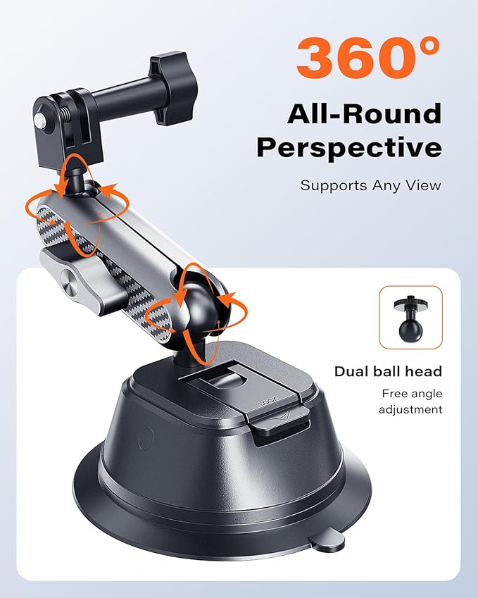 A2C Suction Cup Mount for Gopro iPhone, Anti-Shake Metal Arm Car Camera Mount with 1/4 Thread & Phone Holder, Car Boat Windshield Window VLOG/Video Holder for Gopro Hero Insta360 DJI Action Camera