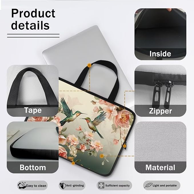Hummingbird Laptop Sleeve for Women, Protective Computer Cover Case with Handle Briefcase Carrying Bag Compatible 10 Inch Notebook, Chromebook Computer, Vintage Floral