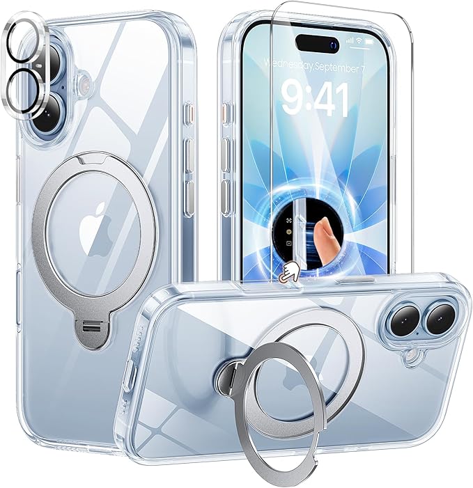 360°Ring Stand for iPhone 17 Case with 1X Screen Protector +1X Camera Cover,Shockproof,Dropproof,Fit for MagSafe, Anti-Yellowing & Scratch-Resistant Back Phone Case for iPhone 17 6.3", Clear Stand Set