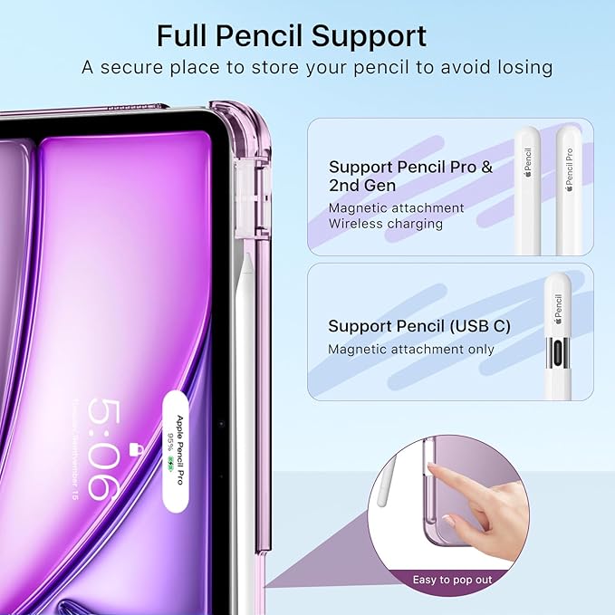 MoKo for iPad Air 11 inch Case (M4/M3/M2) 2026/2025/2024, iPad Air 5th/4th Gen 10.9 inch Case 2022/2020 with Pencil Holder, Slim Light Trifold Cover with Hard PC Translucent Back Shell, Dark Purple