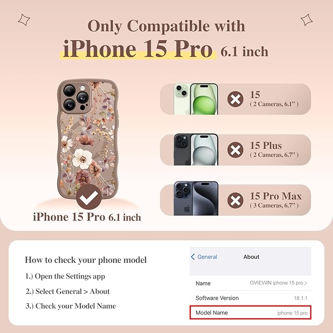 GVIEWIN for iPhone 15 Pro Case Compatible with MagSafe [Curly Wave Edge][Full Camera Protection] Floral Translucent Shockproof Magnetic Women Phone Case for iPhone 15 Pro 6.1'', Corn Poppy/Brown