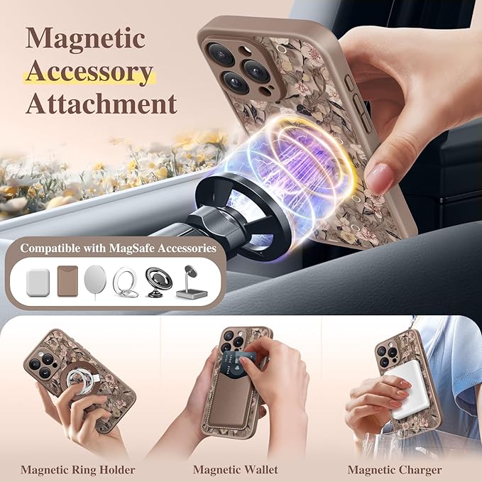GVIEWIN for iPhone 15 Pro Case Compatible with MagSafe, [Military Grade Protection] [Screen Protector] Full Camera Protection Floral Translucent Women Magnetic Phone Case, Apricot Blossom/Brown