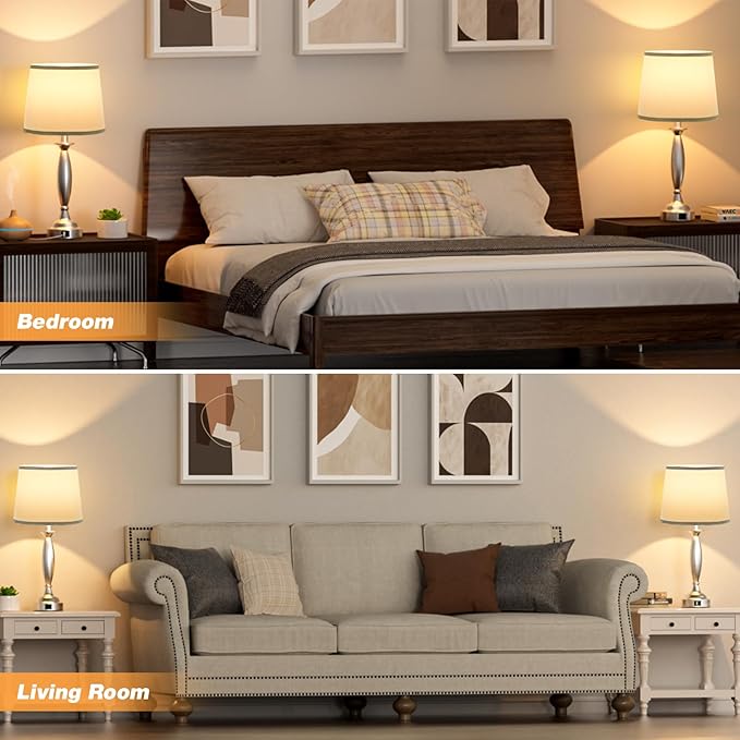 Seealle Touch Bedside Lamps for Nightstand Set of 2 - Bedroom Lamps with USB C+A, 3 Way Dimmable Nightstand Lamps, Brushed Nickel Table Lamps for Living Room (Bulbs Included)