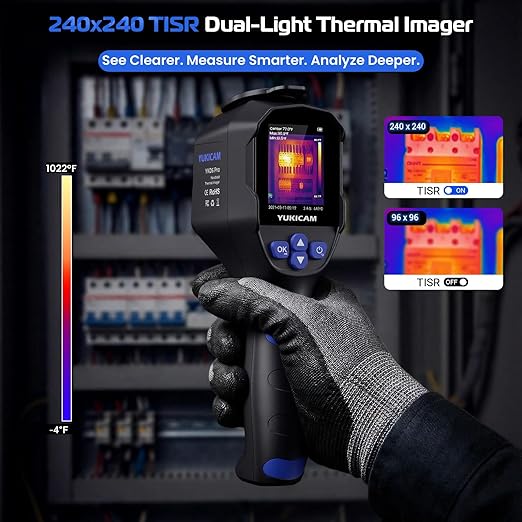 Dual Light Thermal Camera, 240×240 TISR Infrared Thermal Imaging Camera with Smart Modes, 25Hz IR Camera, -4°F to 1022°F Handheld Thermal Imager for Home Inspection Water Leaks, HVAC